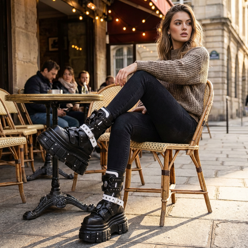 Bottes moto punk pour femmes | Semelle épaisse, design à boucle de ceinture