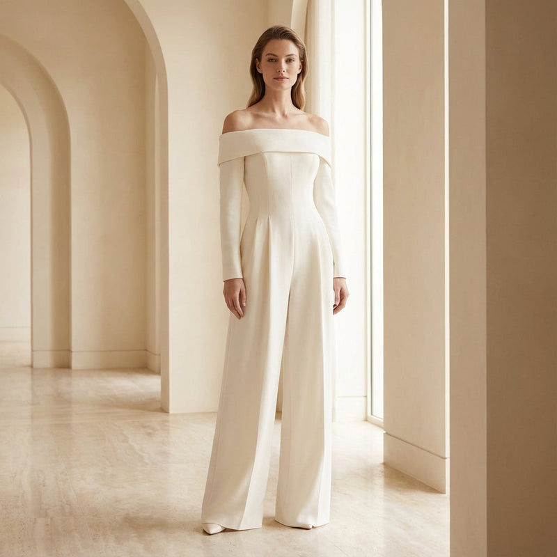 Combinaison pour femme Viola | Encolure épaules dénudées plissée, silhouette jambe large