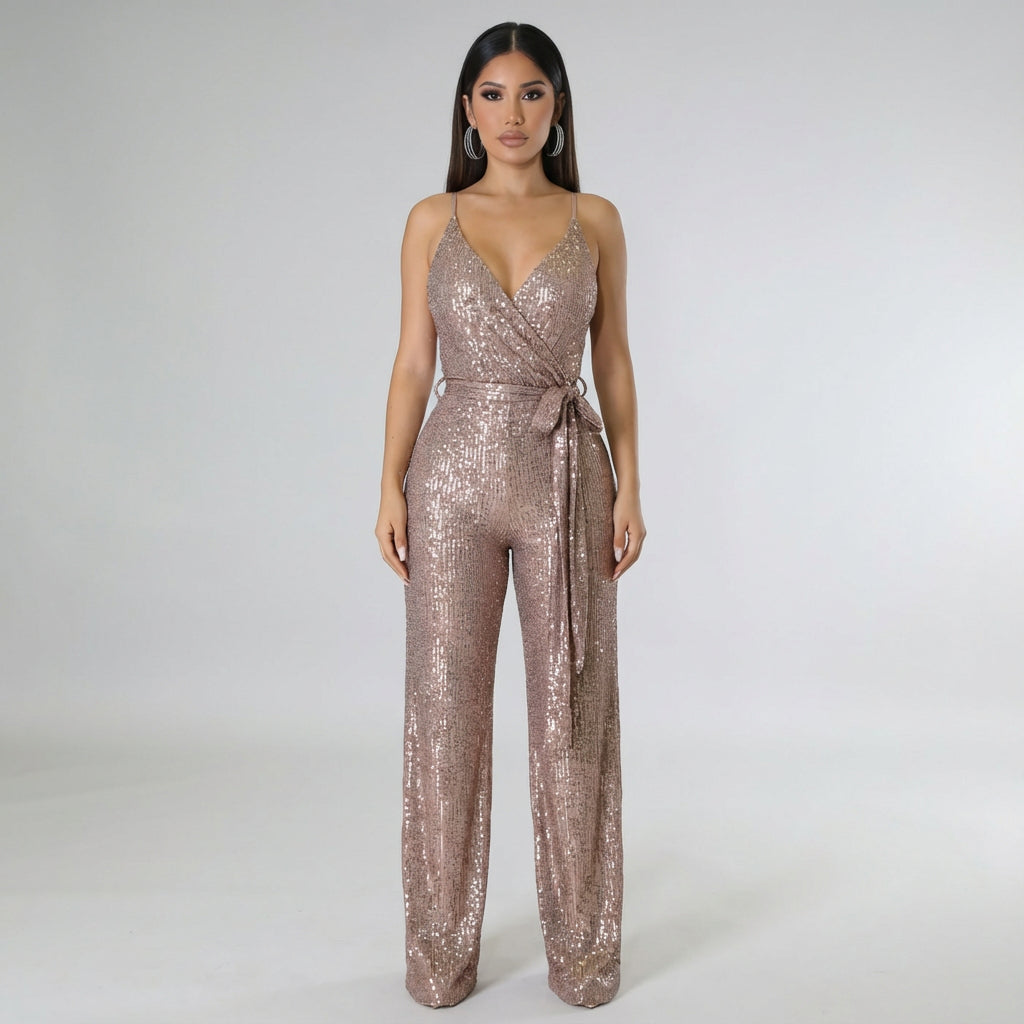 Mono con Lentejuelas para Mujer Celeste | Escote Cruzado, Pierna Ancha