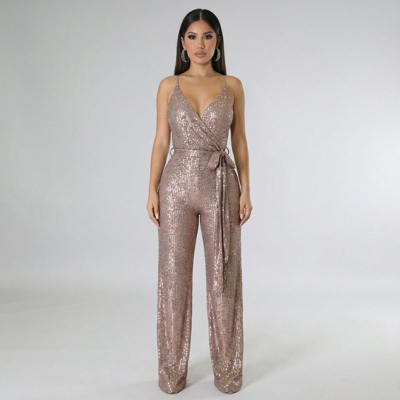 Mono con Lentejuelas para Mujer Celeste | Escote Cruzado, Pierna Ancha