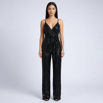 Mono con Lentejuelas para Mujer Celeste | Escote Cruzado, Pierna Ancha