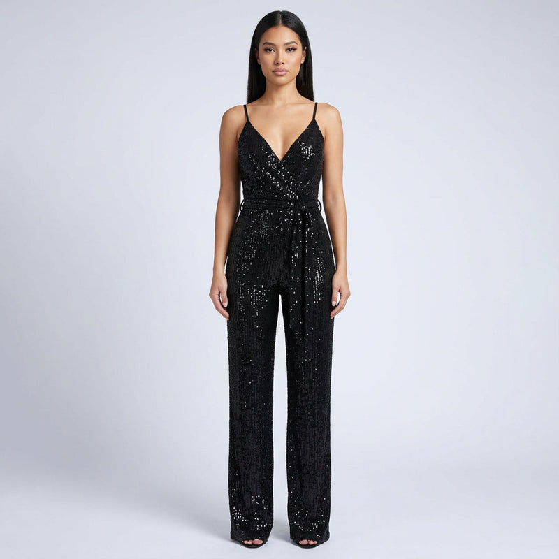 Mono con Lentejuelas para Mujer Celeste | Escote Cruzado, Pierna Ancha