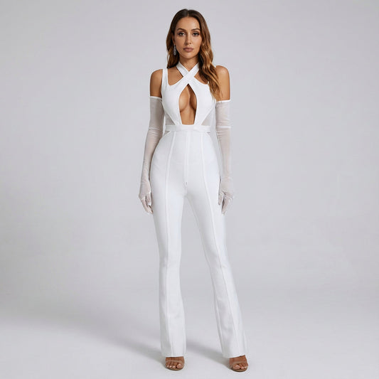 Mono de vendaje de Ivory para mujer | Escote halter cruzado, Silueta de pierna acampanada