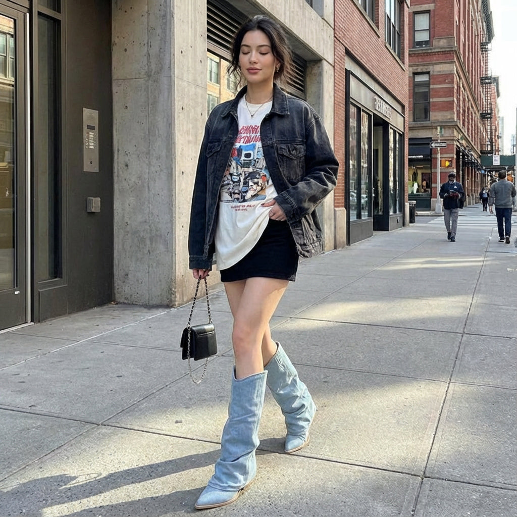 Bottes hautes jusqu’au genou pour femmes Kennedy | Design en denim, style décontracté chic