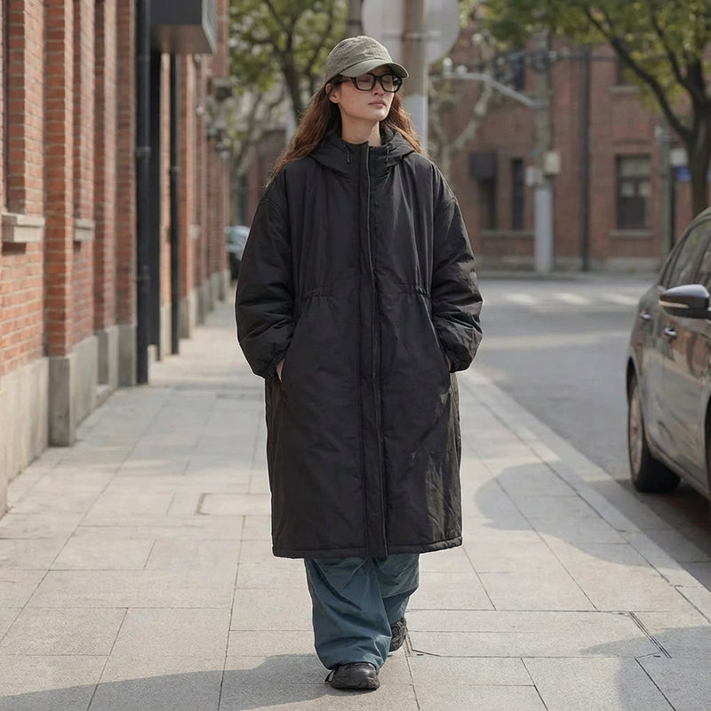 Manteau long pour femme Ember | Design à capuche, fermeture éclair devant