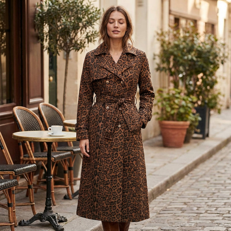Manteau long pour femme Roma | Imprimé léopard, taille ceinturée