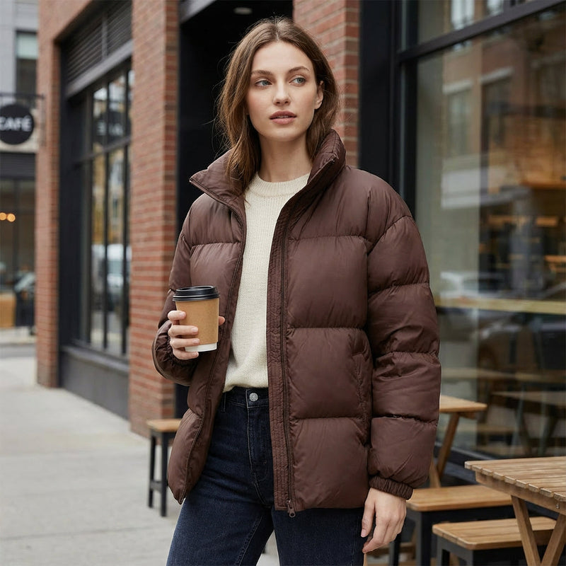 Vale Marlowe Women's Puffer Jacket | Quilted Panels, Stand Collar