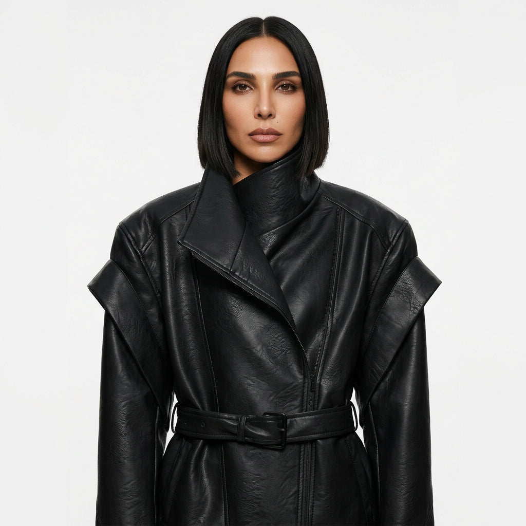 Veste en cuir vegan pour femmes Nadia | Croisée, ceinture à nouer à la taille