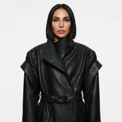 Veste en cuir vegan pour femmes Nadia | Croisée, ceinture à nouer à la taille