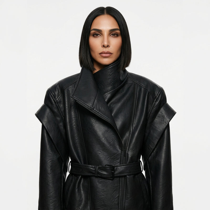 Veste en cuir vegan pour femmes Nadia | Croisée, ceinture à nouer à la taille