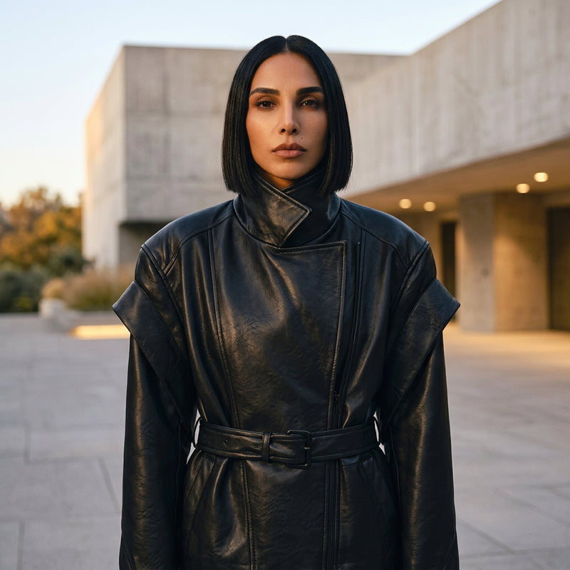 Veste en cuir vegan pour femmes Nadia | Croisée, ceinture à nouer à la taille