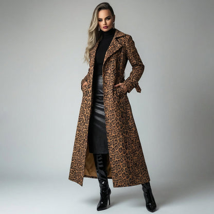 Manteau long pour femme Roma | Imprimé léopard, taille ceinturée