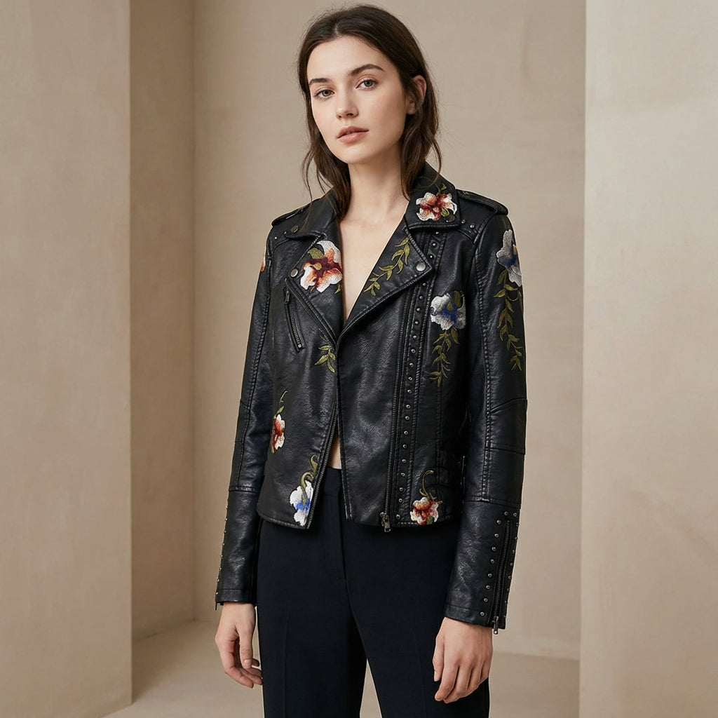 Juniper Women's Biker Jacket | Floral Embroidery, Silver Studded Trim