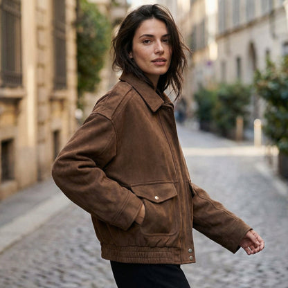 Kayla Women’s Suede Bomber Jacket | Zip Closure, Elastic Hem