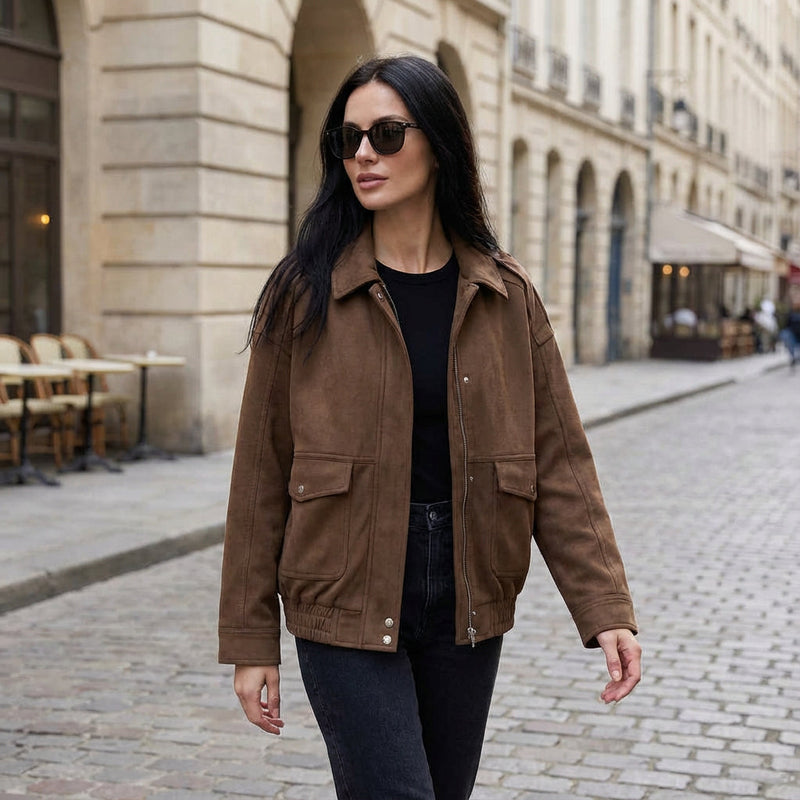 Kayla Women’s Suede Bomber Jacket | Zip Closure, Elastic Hem