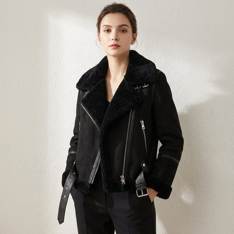 Veste moto pour femmes Taryn | Doublure en peau lainée, design chic
