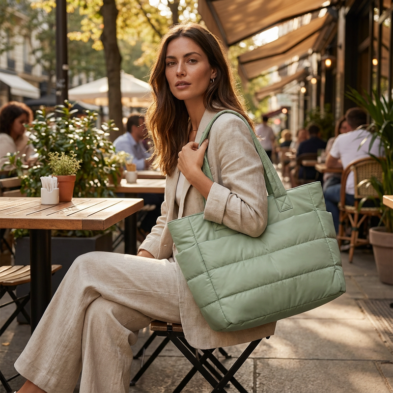 Bolso tote acolchado para mujer Luma | Nailon acolchado, Bolsillos laterales
