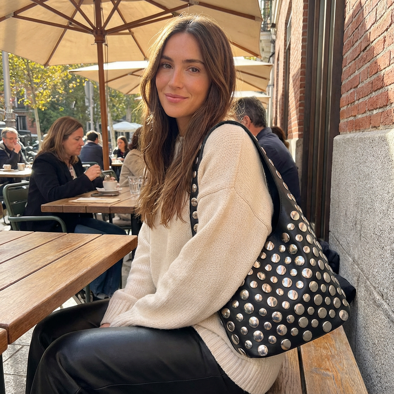 Fable Arden Women’s Studded Bucket Bag | Bold Metallic Detail, City Edge