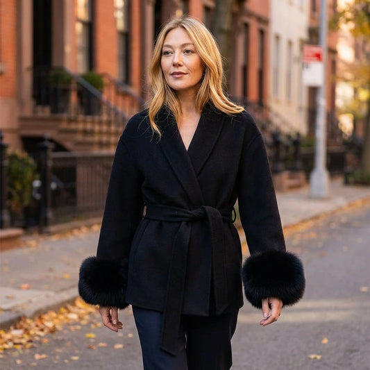 Manteau en fausse fourrure pour femmes Aria | Taille ceinturée, poignets bordés de fourrure