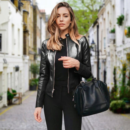 Everly Women's Leather Jacket | Zippered Biker Design, Fitted Silhouette