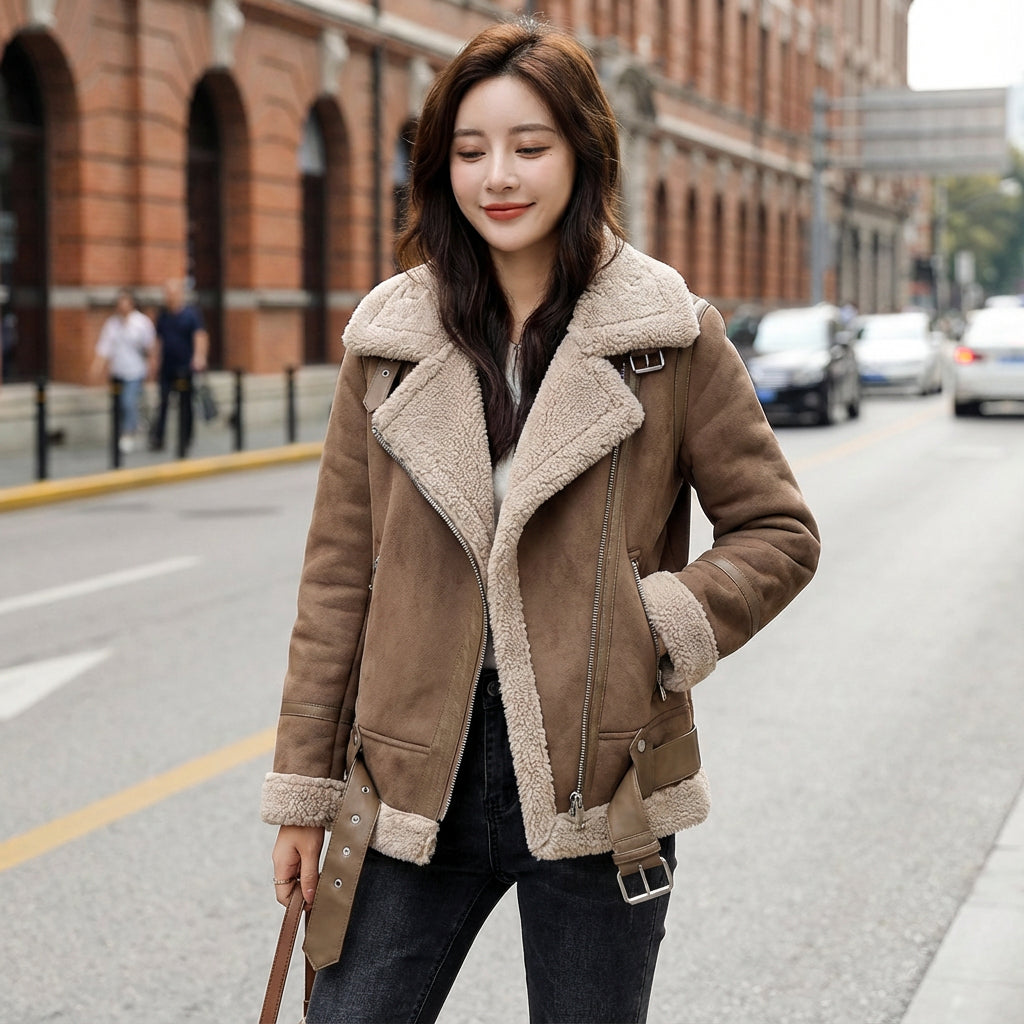 Veste moto pour femmes Taryn | Doublure en peau lainée, design chic