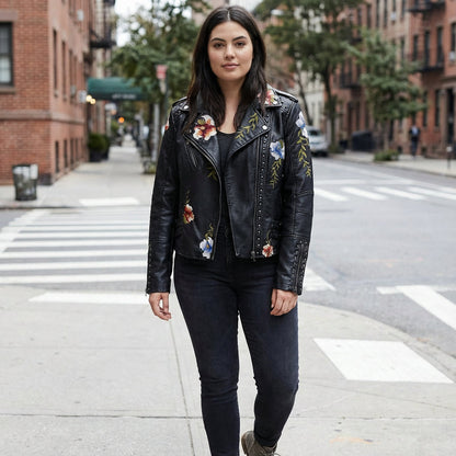 Juniper Women's Biker Jacket | Floral Embroidery, Silver Studded Trim