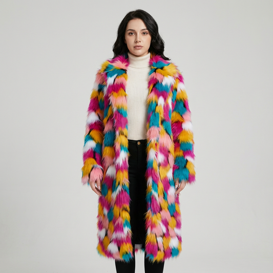 Abrigo de Piel Sintética para Mujer Evelyn | Diseño Arcoíris Vibrante, Abrigo de Invierno Elegante
