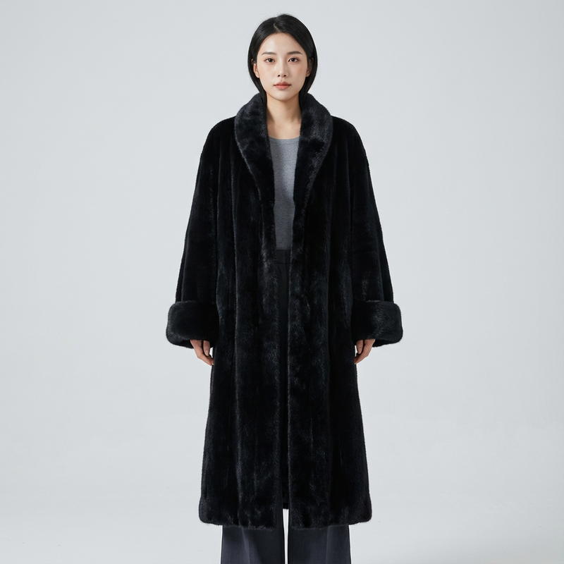 Manteau long en fausse fourrure pour femmes Lena | Col châle, larges poignets en fourrure