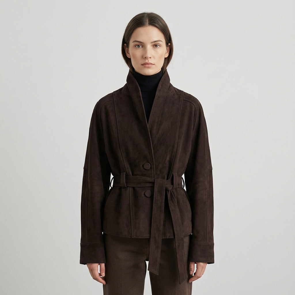 Chaqueta envolvente con cinturón para mujer Elise | Cuello de chal, Diseño con lazo en la cintura
