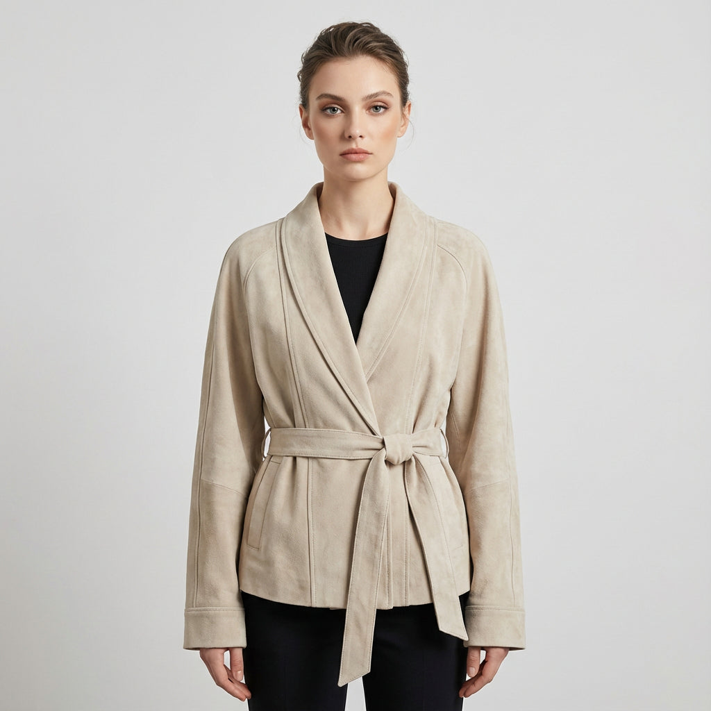Chaqueta envolvente con cinturón para mujer Elise | Cuello de chal, Diseño con lazo en la cintura