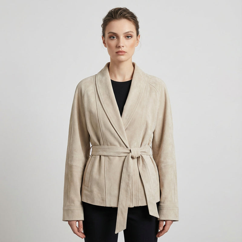 Chaqueta envolvente con cinturón para mujer Elise | Cuello de chal, Diseño con lazo en la cintura