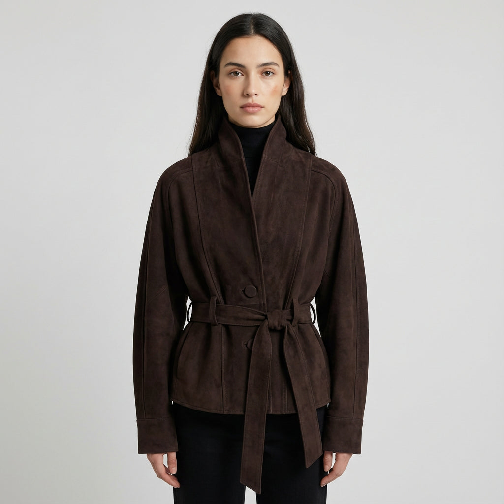 Chaqueta envolvente con cinturón para mujer Elise | Cuello de chal, Diseño con lazo en la cintura