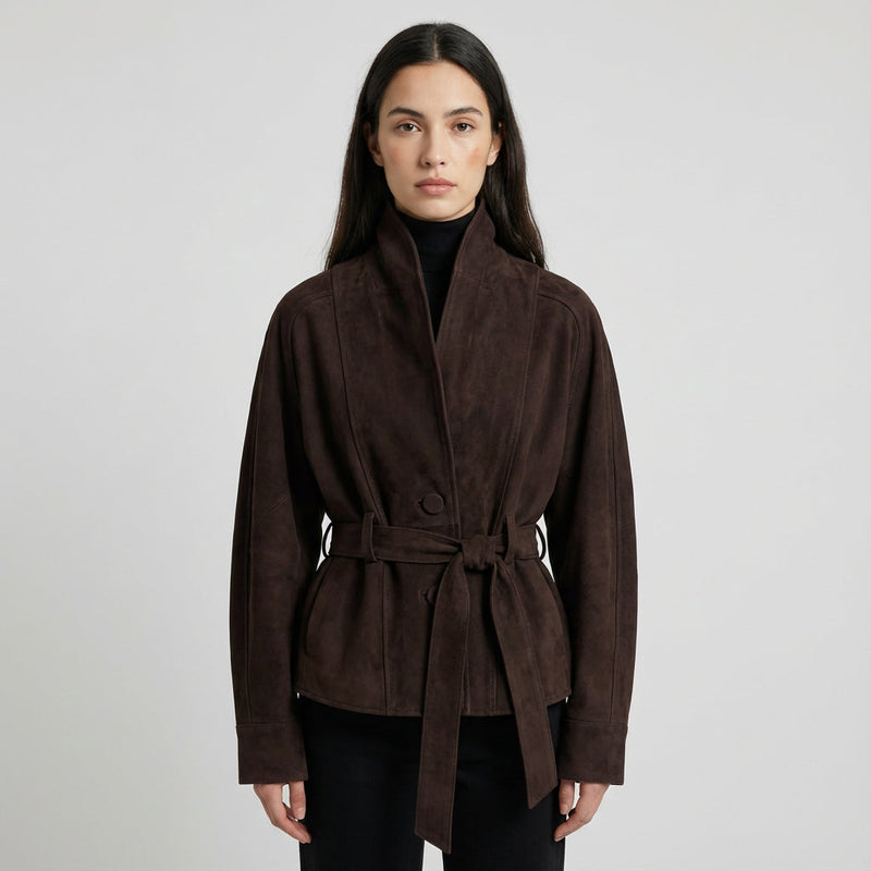 Chaqueta envolvente con cinturón para mujer Elise | Cuello de chal, Diseño con lazo en la cintura