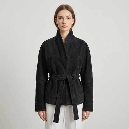 Chaqueta envolvente con cinturón para mujer Elise | Cuello de chal, Diseño con lazo en la cintura