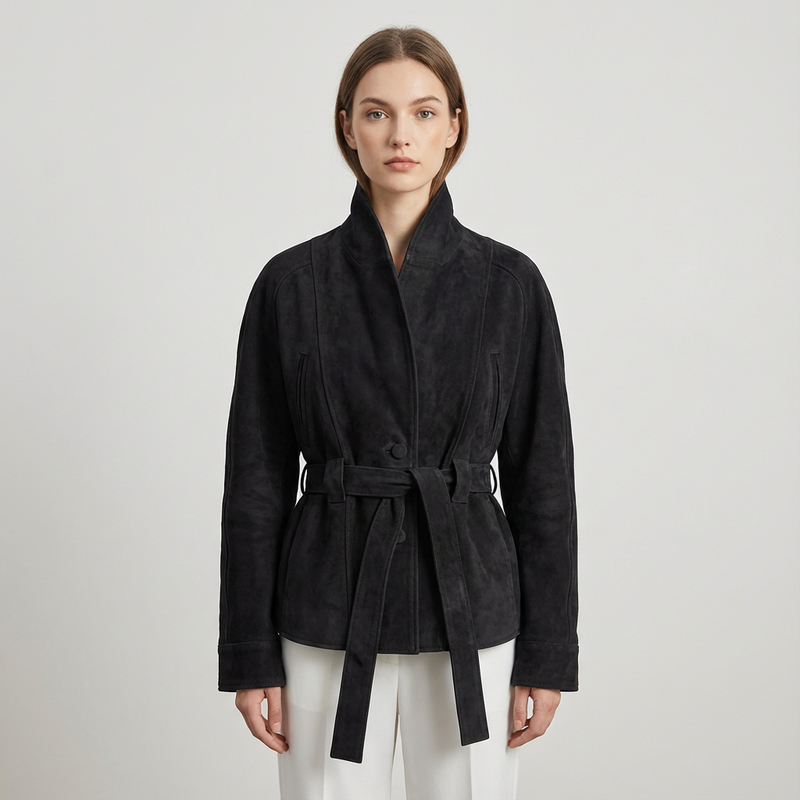 Chaqueta envolvente con cinturón para mujer Elise | Cuello de chal, Diseño con lazo en la cintura