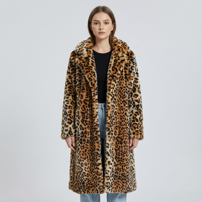 Abrigo de piel sintética para mujer Leona | Estampado de leopardo, cuello con muesca