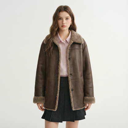 Manteau d'hiver double face Dura | Fausse fourrure marron réversible, style vintage américain