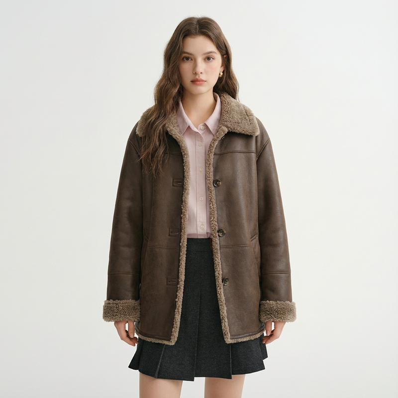 Manteau d'hiver double face Dura | Fausse fourrure marron réversible, style vintage américain