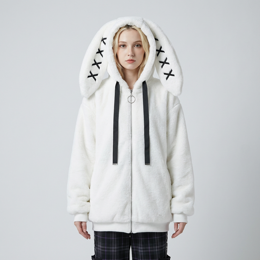 Veste à capuche en fausse fourrure pour femmes Neko | Capuche avec oreilles de lapin, détail point de croix