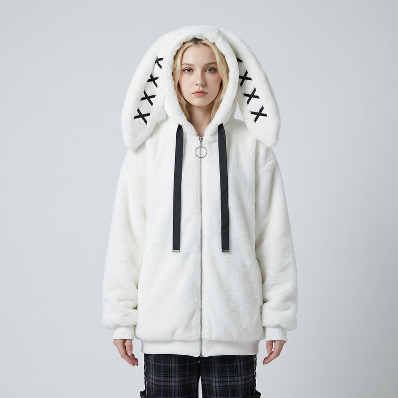 Chaqueta con capucha de piel sintética para mujer Neko | Capucha con orejas de conejo, detalle de punto cruzado