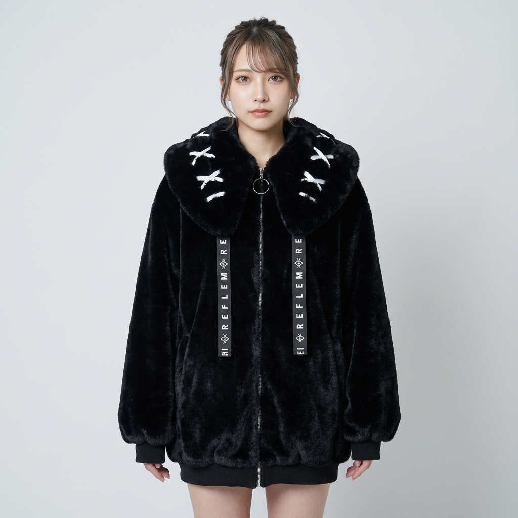 Chaqueta con capucha de piel sintética para mujer Neko | Capucha con orejas de conejo, detalle de punto cruzado