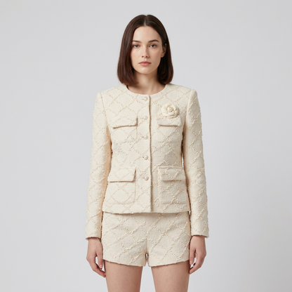 Dahlia Women's Two Piece Set | Thick Tweed Blazer and Shorts, Pin Plaid Design