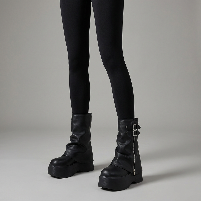 Bottes de Moto Épaisses Femme Sleek | Cuir Souple, Plateforme Haute