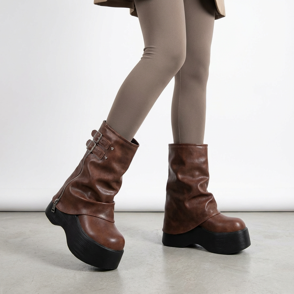 Bottes de Moto Épaisses Femme Sleek | Cuir Souple, Plateforme Haute