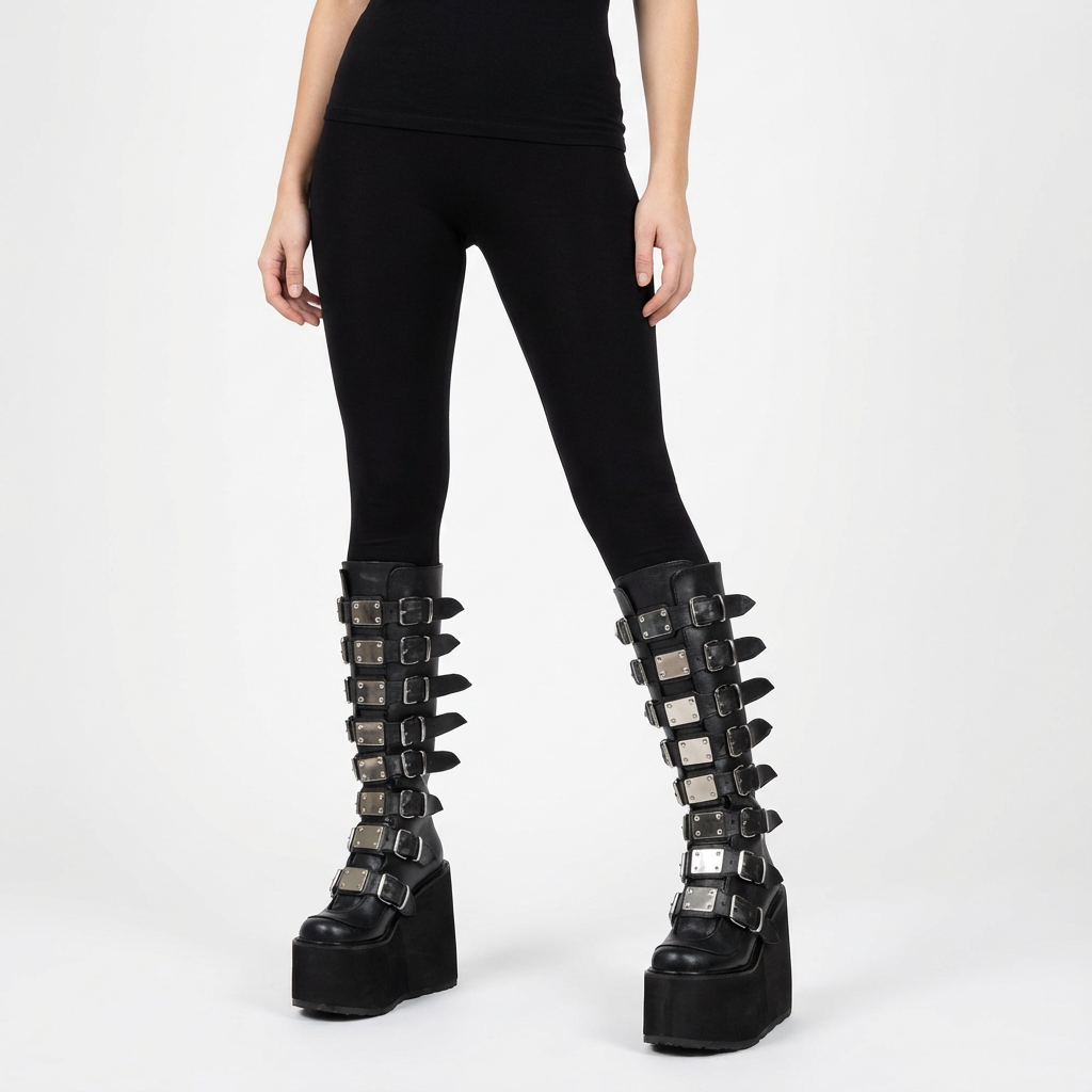 Bottes gothiques à plateforme montantes pour femmes Nyxra | Design multi-boucles, plateforme compensée