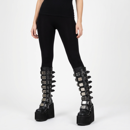 Bottes gothiques à plateforme montantes pour femmes Nyxra | Design multi-boucles, plateforme compensée