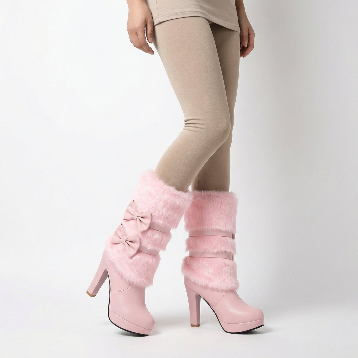 Bottes à Talons Hauts Femme Lola | Détail Pompon en Fourrure, Accent Nœud Papillon