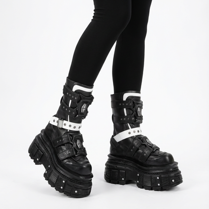 Bottes moto punk pour femmes | Semelle épaisse, design à boucle de ceinture