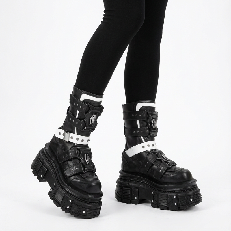 Bottes moto punk pour femmes | Semelle épaisse, design à boucle de ceinture