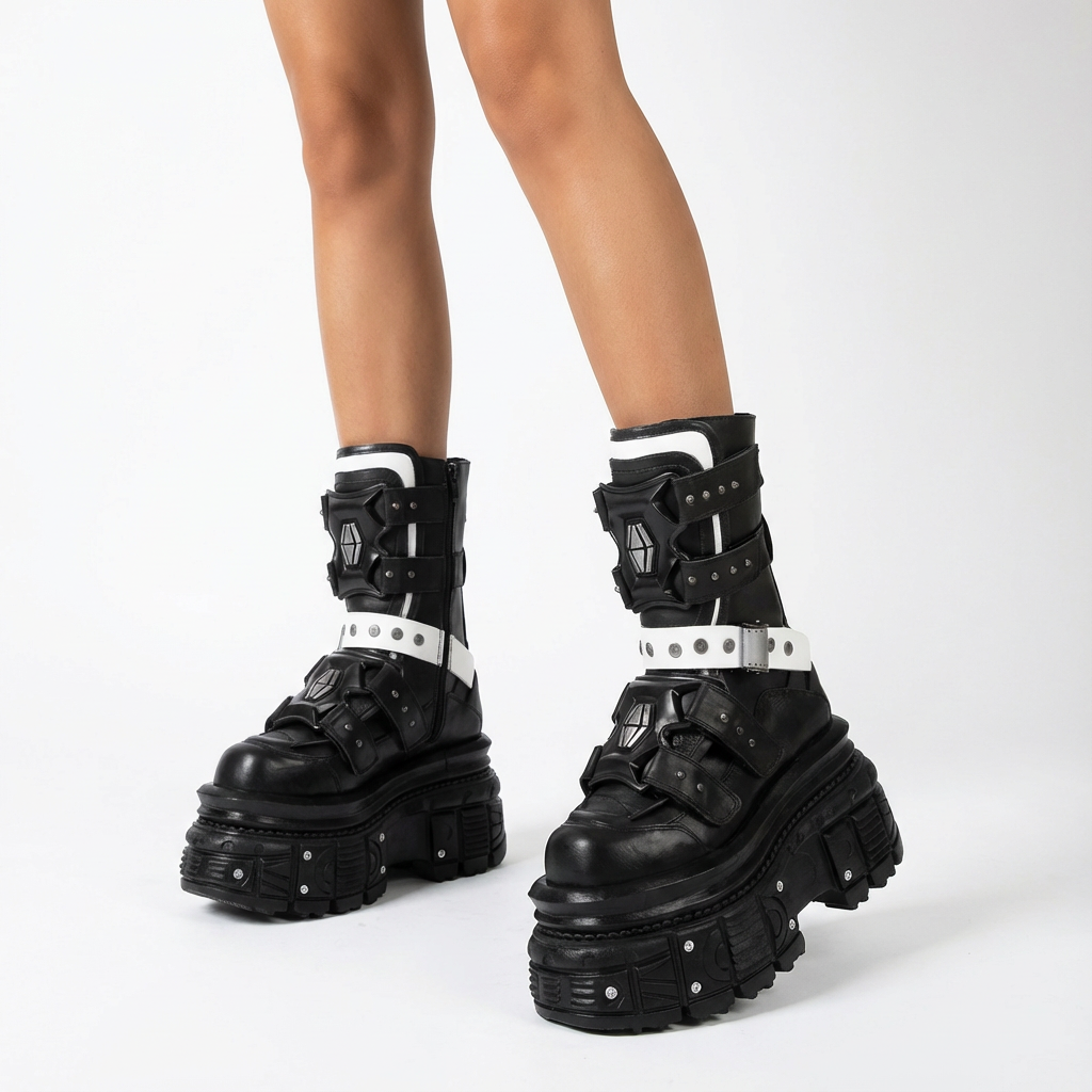 Bottes moto punk pour femmes | Semelle épaisse, design à boucle de ceinture